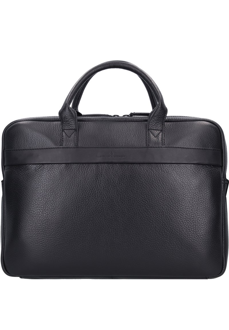 Bolsa de portátil de cuero negro con una textura suave, cierre con cremallera, asas dobles y una correa frontal con un discreto detalle de logo.