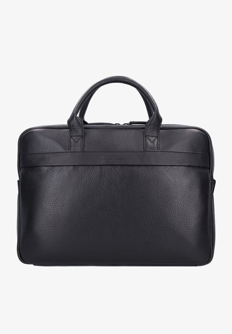 Bolsa de portátil de cuero negro con una textura suave, cierre con cremallera, asas dobles y una correa frontal con un discreto detalle de logo.