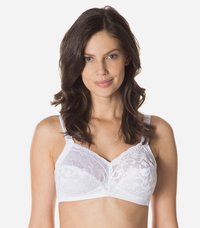 White lace bra with soft cups and adjustable straps, featuring a floral pattern and smooth finish. Designed for comfort and support.