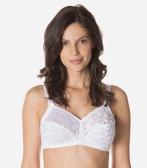 Witte kanten beha met zachte cups en verstelbare banden, met een bloemenpatroon en een gladde afwerking. Ontworpen voor comfort en ondersteuning.