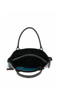 Sac à main en cuir noir avec fermeture éclair, forme structurée et accent turquoise à l'intérieur. Il dispose d'une poignée supérieure unique et d'une poche intérieure.