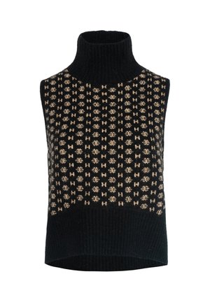 Svart ermeløs genser med høy ribbestrikket hals, som har et mønster i krem- og beige toner. Myk tekstur og tettsittende form.