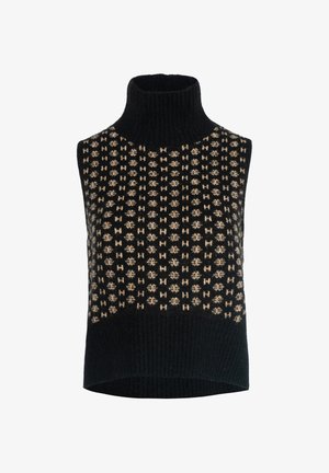 Sort ærmeløs sweater med høj ribbet hals, der har et mønstret design i creme- og beige nuancer. Blød tekstur og tætsiddende pasform.