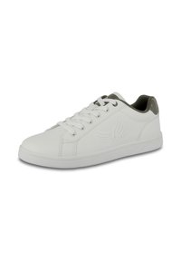 White synthetic sneaker with round toe, raised stitching, grey accents on the heel, and lace-up closure. Textured interior lining.
