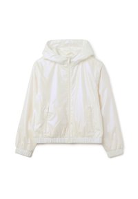 Veste blanche à capuche, courte, en matériau léger et brillant. Elle dispose d'une fermeture éclair à l'avant, de deux poches sur les côtés et de poignets élastiques.