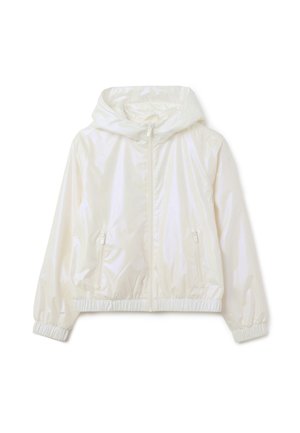 Veste blanche à capuche, courte, en matériau léger et brillant. Elle dispose d'une fermeture éclair à l'avant, de deux poches sur les côtés et de poignets élastiques.
