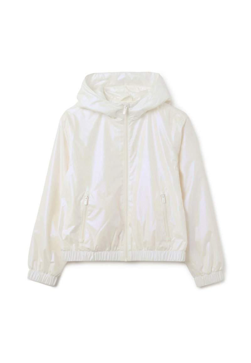 Veste blanche à capuche, courte, en matériau léger et brillant. Elle dispose d'une fermeture éclair à l'avant, de deux poches sur les côtés et de poignets élastiques.