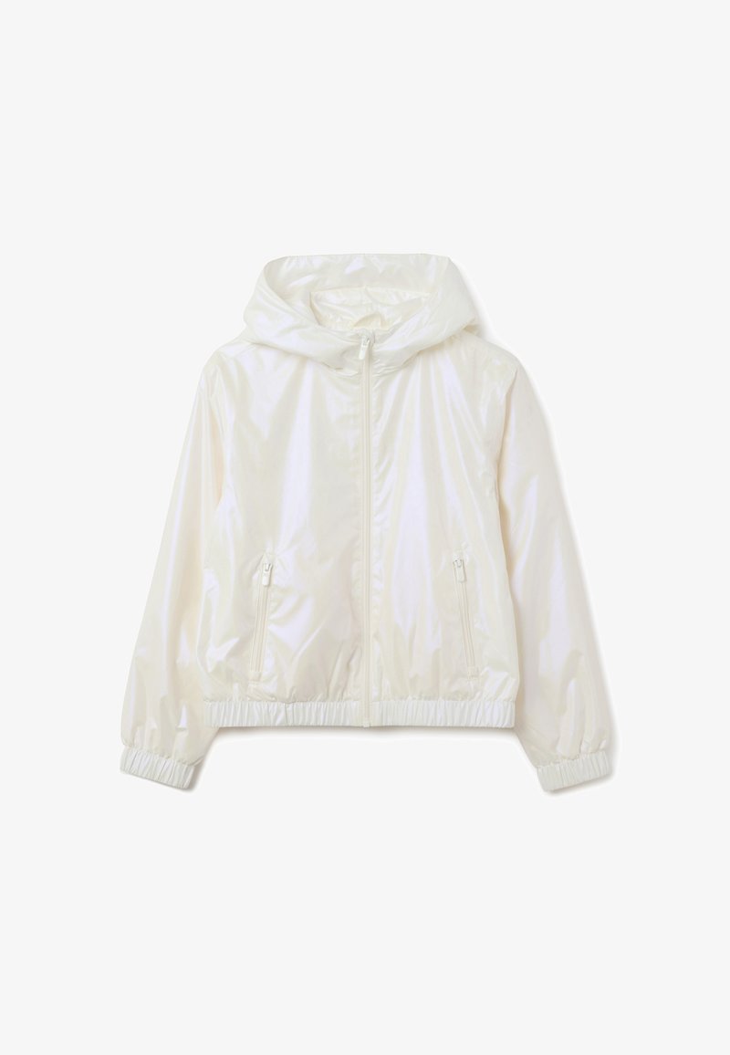 Weißer, kapuzenloser, kurz geschnittener Mantel aus glänzendem, leichtem Material. Verfügt über einen Vorderreißverschluss, zwei Seitentaschen und elastische Bündchen.