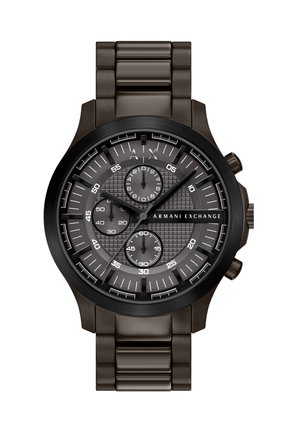 Zwart roestvrijstalen Armani Exchange polshorloge met drie subdials, een gestructureerde grijze wijzerplaat en een metalen schakelband.