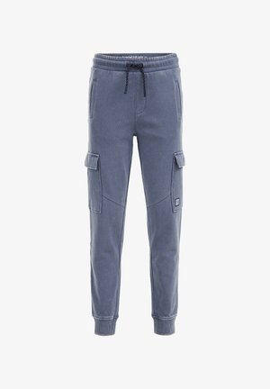 Fleecejogger in Dunkelblau mit elastischem Bund, Kordelzug und zwei Seitentaschen; mit aufgesetzten Taschen an beiden Beinen.