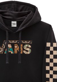 Sudadera negra con un logo de "VANS" con un patrón floral. Patrón a cuadros en dos tonos en las mangas. Hecha de material suave con capucha ajustable.