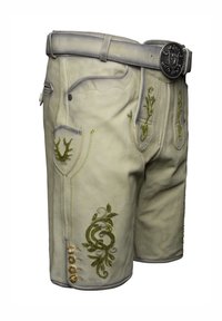 Pantaloni shorts in pelle color crema con ricami verdi, bottoni decorativi e fibbia argentata. Presentano tasche e dettagli di cucitura intricati.