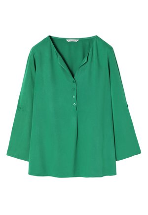 Blusa verde a maniche lunghe con scollatura a V, apertura con bottoni e polsini arrotolati. Realizzata in tessuto morbido con una vestibilità comoda.
