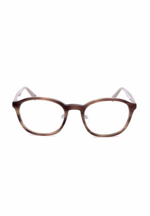 Occhiali rettangolari a tutta montatura, translucidamente marroni, con naselli trasparenti e aste leggermente curve su sfondo bianco.