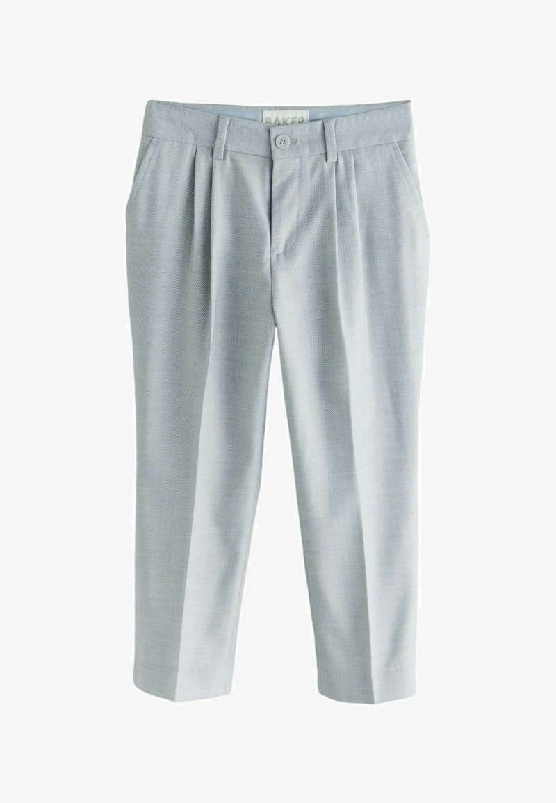 Hellgraue Hose aus strukturiertem Stoff mit Bügelfalten, Knopfverschluss und Seitentaschen. Verkürzte Länge mit geradem Schnitt.