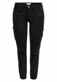 Pantalones cargo de mezclilla negra con dos bolsillos laterales, piernas ajustadas, puños elásticos y detalles de costura visibles en las rodillas.