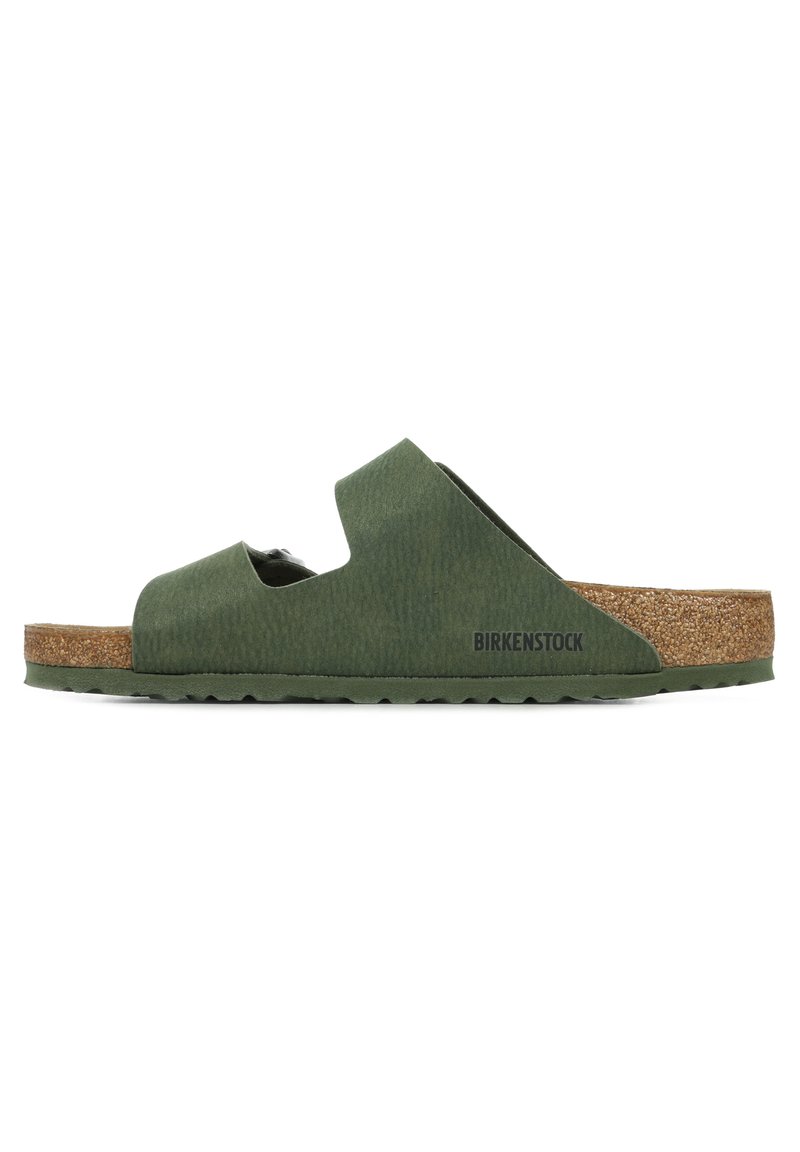 Green Birkenstock sandals with two cut-out straps, a cork footbed, and a textured outer finish. The sole is flat with a non-slip design.