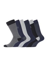 Cinq paires de chaussettes de couleurs sombres, y compris bleu marine et gris. Différents designs : rayures, unies et textures côtelées, avec des poignets contrastants.