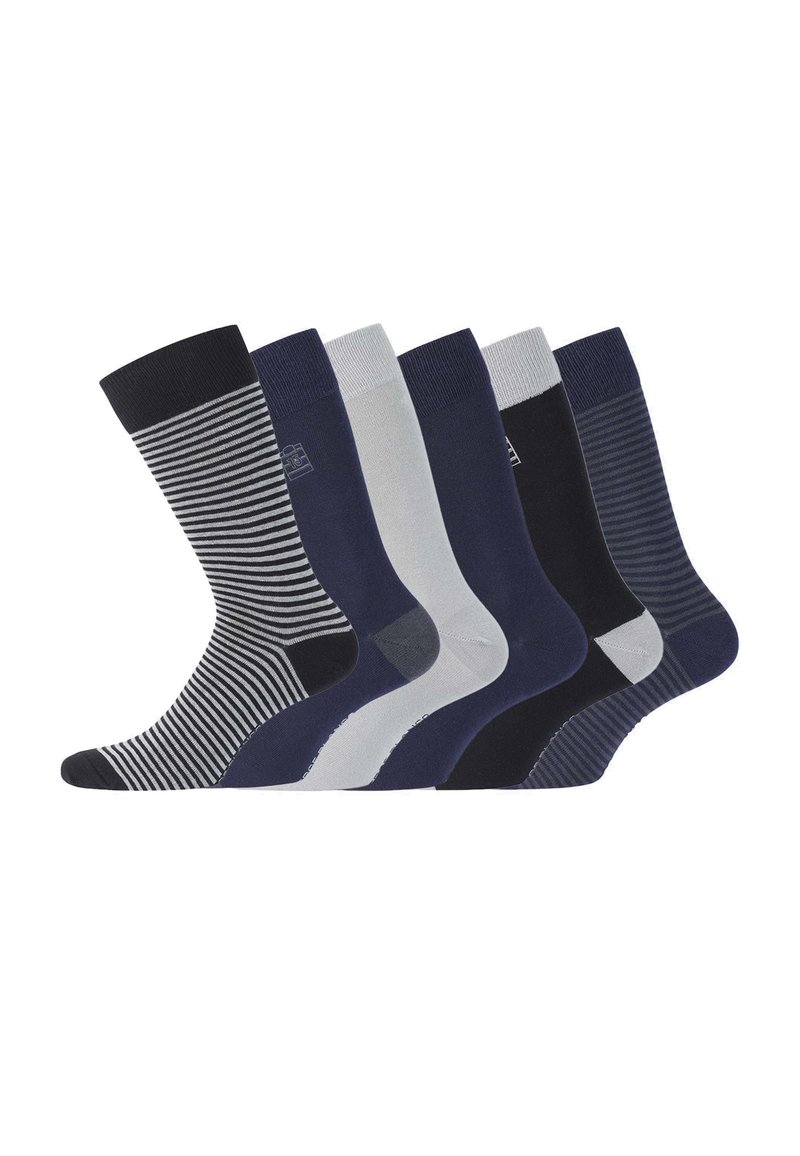 Cinq paires de chaussettes de couleurs sombres, y compris bleu marine et gris. Différents designs : rayures, unies et textures côtelées, avec des poignets contrastants.