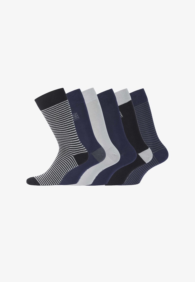 Cinq paires de chaussettes de couleurs sombres, y compris bleu marine et gris. Différents designs : rayures, unies et textures côtelées, avec des poignets contrastants.