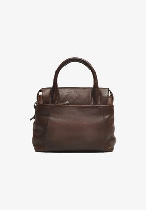 Bruine leren handtas met dubbele bovenhandvatten, een gladde textuur, ritssluiting en zijvakken. Met een gestructureerde, ronde vorm.
