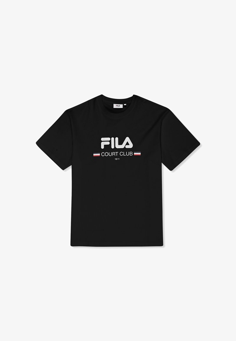 T-shirt noir à manches courtes de la marque FILA avec un logo "FILA Court Club 1911" blanc et rouge imprimé sur la poitrine, posé à plat sur un fond blanc.
