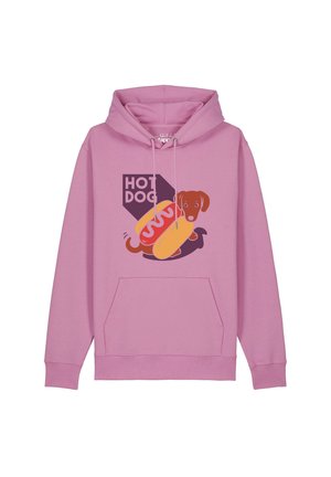 Sweat à capuche rose avec un graphisme d'un chien marron dans un petit pain hot-dog et le mot "HOT DOG" en lettres majuscules au-dessus.