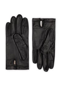 Black leather gloves with a smooth texture, five-finger design, and contrasting inner lining. Features a secure opening at the wrist.