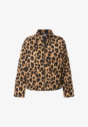Leopard print jacket with a zip front, collar, and two front pockets. Made of soft fabric with a relaxed fit and dropped shoulders.
