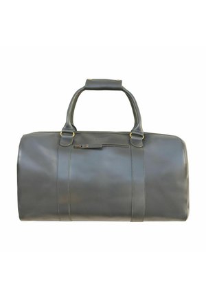 Borsa da viaggio in pelle grigia con due manici robusti, una tasca frontale con zip e superficie liscia. Caratterizzata da dettagli in hardware dorato.