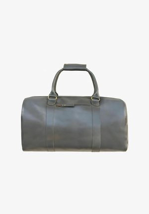 Grau Leder Reisetasche mit zwei stabilen Griffen, einer gefütterten Vorderseite mit Reißverschluss und glatter Textur. Besitzt Akzente aus goldfarbenem Metall.