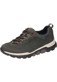 Gray hiking shoe with textured fabric, reinforced toe cap, red accents, and a thick black outsole. Features lace-up closure and padded collar.