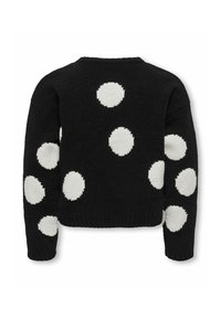 Melns džemperis ar lielām baltām polka punktu vietām. Adīta tekstūra, ribota apakša un piedurkņu gali. Īss dizains ar nolaistiem pleciem.