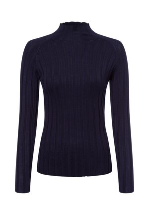 Navyblaues Ripp-Longsleeve mit hohem Hals und dezentem Volant. Hergestellt aus einem glatten, elastischen Stoff, mit vertikalen Streifen für Textur.