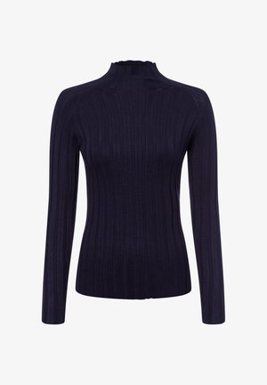 Navyblaues Ripp-Longsleeve mit hohem Hals und dezentem Volant. Hergestellt aus einem glatten, elastischen Stoff, mit vertikalen Streifen für Textur.