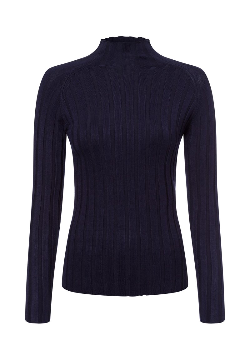 Navyblaues Ripp-Longsleeve mit hohem Hals und dezentem Volant. Hergestellt aus einem glatten, elastischen Stoff, mit vertikalen Streifen für Textur.