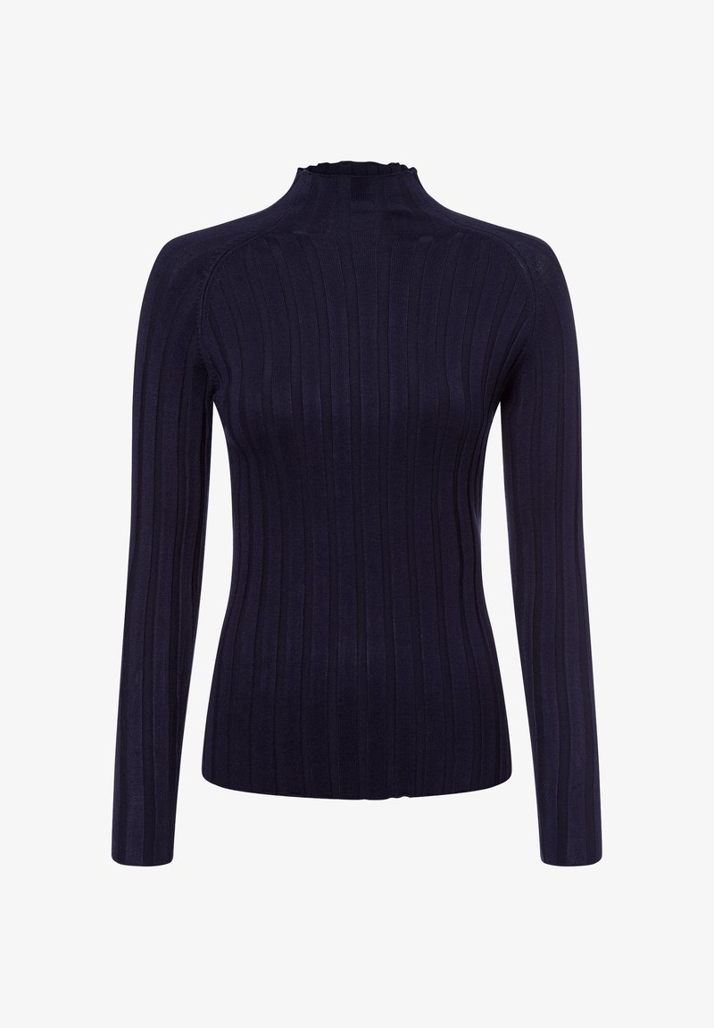 Navyblaues Ripp-Longsleeve mit hohem Hals und dezentem Volant. Hergestellt aus einem glatten, elastischen Stoff, mit vertikalen Streifen für Textur.