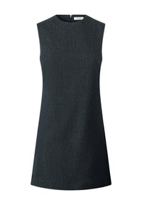 Abito senza maniche in grigio scuro con sottili righe verticali, caratterizzato da una scollatura rotonda e una cerniera nascosta sul retro per la chiusura.