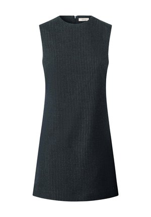 Varrukateta tumehall kleit vertikaalsete triipudega, ümmarguse kaelusega ja seljal peidetud lukuosaga sulgemiseks.