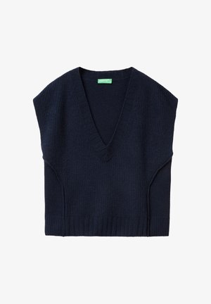 Marineblaues gestricktes ärmelloses Top mit tiefem V-Ausschnitt, geripptem Saum und seitlichen Öffnungen für eine lockere Passform. Das Etikett zeigt eine leuchtend grüne Markenkennzeichnung.