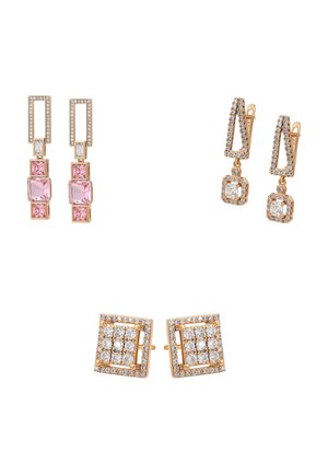 Three pairs of gold earrings: one with pink and clear stones in rectangular design, one with clear stones in triangular dangle design, and one square stud with clear stones.