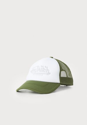 Grønn og hvit trucker caps med mesh bak, buet skygge, og brodert "Von Dutch" logo i lys grå på frontpanelet.