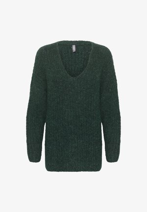 Ciemnozielony sweter z głębokim dekoltem w serek, wykonany z miękkiego, teksturowanego materiału. Posiada długie rękawy i luźny krój, idealny do noszenia na warstwy.