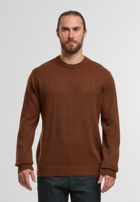 Pullover en tricot brun avec un col rond, des poignets et un ourlet côtelés. Le tissu texturé ajoute de la profondeur. Porté sur un pantalon de couleur sombre.