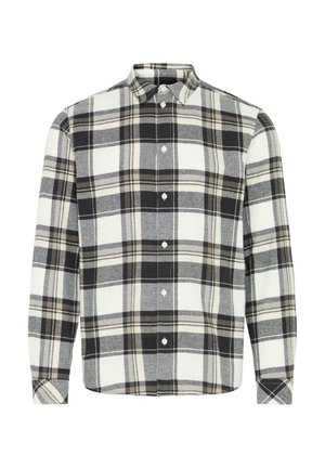 Rutete skjorte med knapper i svart, hvitt og grått. Har krage, lange ermer og frontknapper. Laget av mykt stoff med rutete mønster.
