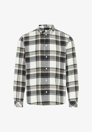 Geruite button-up shirt in zwart, wit en grijs. Heeft een kraag, lange mouwen en knopen aan de voorkant. Gemaakt van zachte stof met een ruitpatroon.