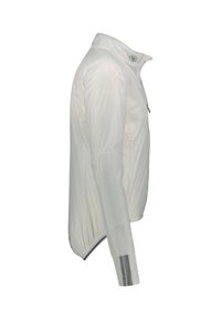 Witte lichtgewicht jas met een hoge kraag, rits aan de voorkant en elastische manchetten. Heeft een gladde textuur en reflecterende accenten op de mouwen.