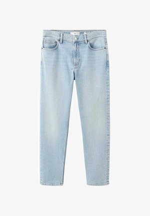 Jasnoniebieskie dżinsy z prostymi nogawkami, pięcioma kieszeniami i subtelnym wyblaknięciem; posiadają górny guzik i zamek błyskawiczny.