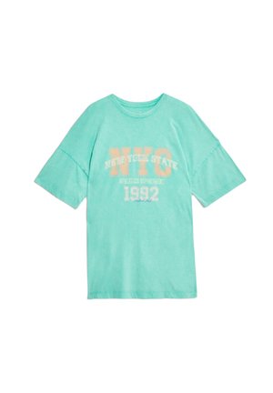 Turquoise cotton t-shirt with short sleeves, featuring a graphic print in cream and orange reading "NYC New York State Athletics Department 1992."