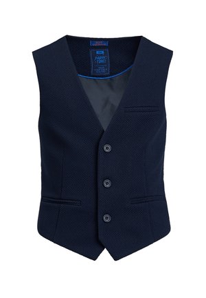 Marineblau strukturierte Weste mit drei Knöpfen, V-Ausschnitt, drei Vorderentaschen und glattem Innenfutter, entworfen für formelle Anlässe.